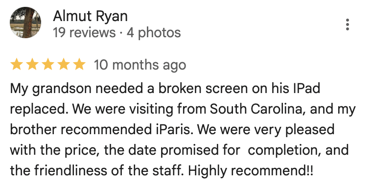5-star review from Almut Ryan about iPad screen replacement